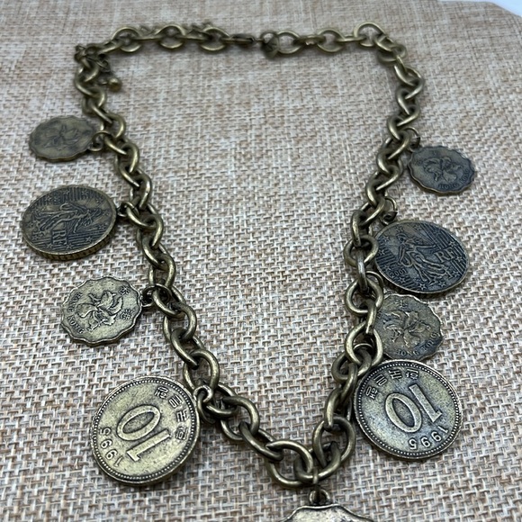 Coin Necklace by Vicky Jousan Antiqued Gold Tone Hong Kong Assorted Coins 
Large - Picture 12 of 13